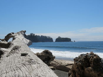 Scenic view of sea against clear blue sky