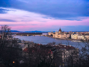 High angle view of danube river and house of parliament against sky
