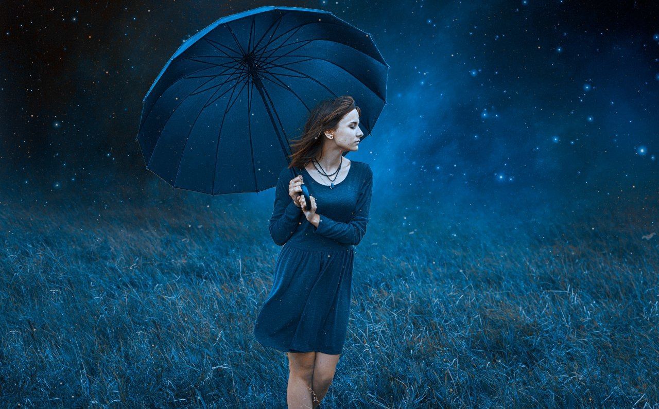 blue, one person, women, rain, adult, nature, umbrella, night, star, young adult, screenshot, protection, sky, wet, environment, darkness, dark, female, fashion, clothing, person, space, outdoors, astronomy, security, beauty in nature, dress, looking, water, storm, arts culture and entertainment, standing, fashion accessory, land, galaxy, human face, moonlight