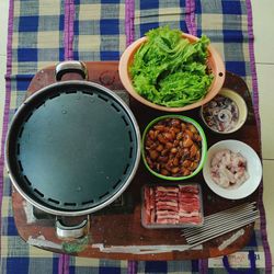 High angle view of meal served on table