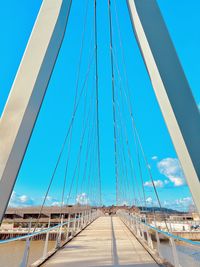 Low angle view of suspension bridge against sky