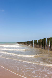 Scenic view of beach against clear blue sky