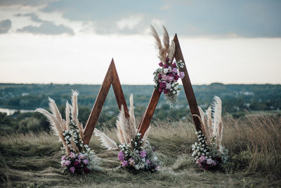 View of flower bouquets on filed