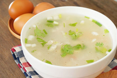 Close-up of soup in bowl on table