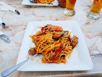 High angle view of food served on table