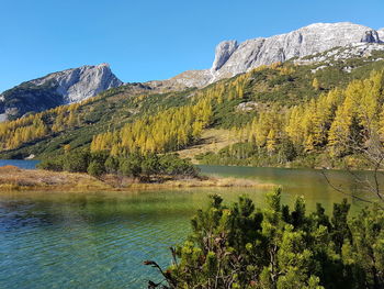 Scenic view of lake and mountains against sky