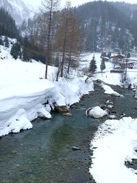 Scenic view of snowcapped mountains during winter