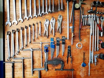 Close-up of various work tools on wooden wall