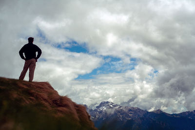 Sunny day on dolomites, selfportrait looking the mountain