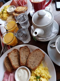 High angle view of breakfast on table