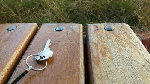 Close-up of rusty metal on wooden surface