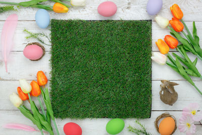 Close-up of easter eggs with decorations on table