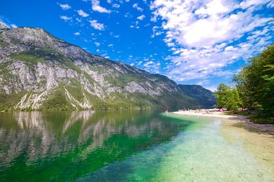 Scenic view of lake and mountains against sky