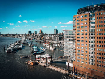 High angle view of buildings by sea against sky