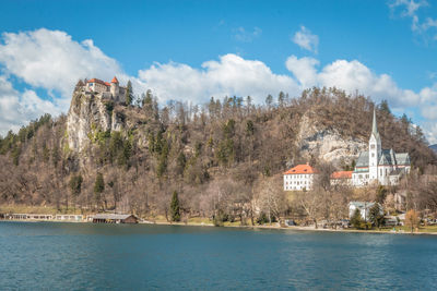 Scenic view of sea by buildings against sky