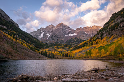 Scenic view of lake and mountains against sky