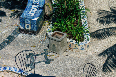 High angle view of text on potted plant by street