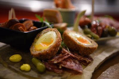 Close-up of meal served on table