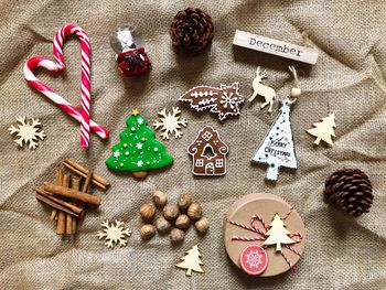 High angle view of cookies on table