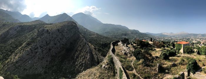 Panoramic view of landscape and mountains against sky