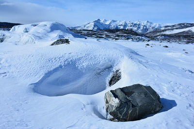 Scenic view of snow covered mountains against sky