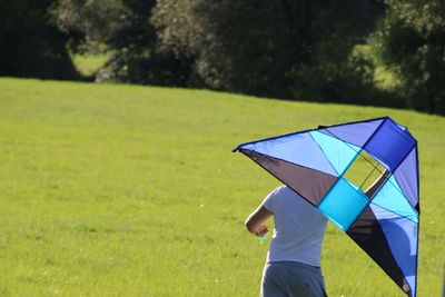 Rear view of man with kite on grassy field during sunny day