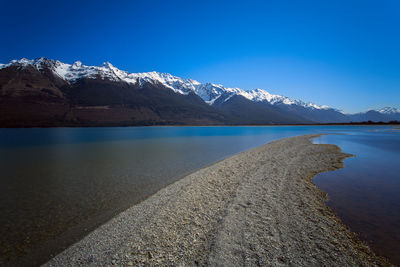 Scenic view of snowcapped mountains and lake against blue sky