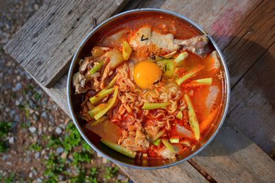 High angle view of soup in bowl on table