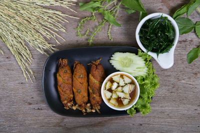 High angle view of food in plate on table