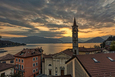 High angle view of townscape against sky during sunset