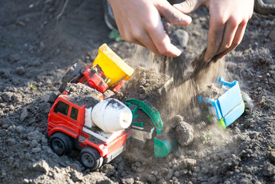 High angle view of man cleaning car