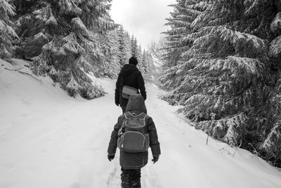 Rear view of man on snow covered landscape