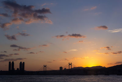 Silhouette bridge over sea against sky during sunset