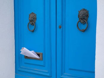 Blue vintage door with knocker in shape of lion, mailbox slot in door with advertising newspapers.