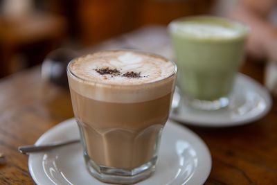 Close-up of coffee served on table