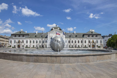 Low angle view of fountain against sky