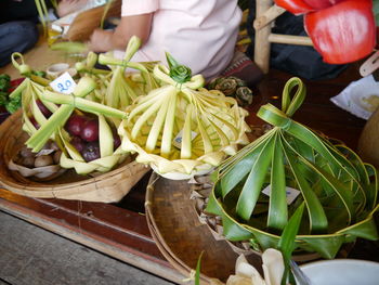 High angle view of food in decorative baskets