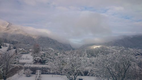 Scenic view of mountains against cloudy sky