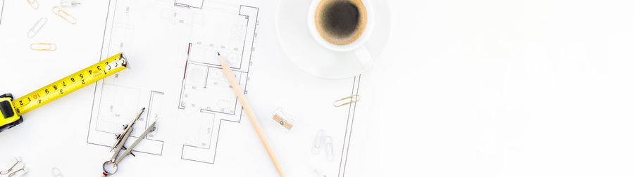 High angle view of coffee cup on table