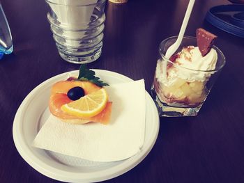 Close-up of dessert served on table