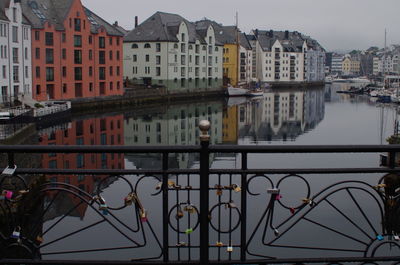 Reflection of buildings on river against sky