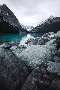 Scenic view of lake against sky during winter