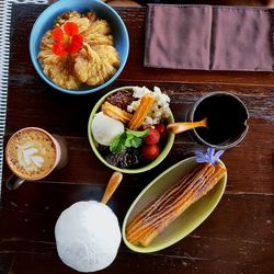 High angle view of breakfast on table
