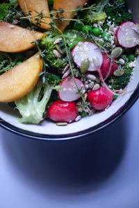 High angle view of salad in plate on table