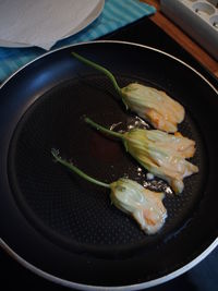 High angle view of meat in bowl
