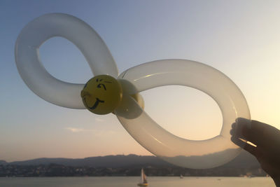 Person holding balloon animal at beach during sunset against sky