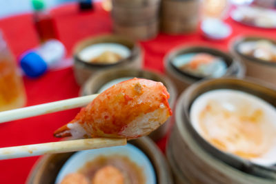 Close-up of served food on table