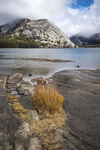 Scenic view of lake by snowcapped mountains against sky