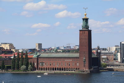 View of buildings in city against cloudy sky