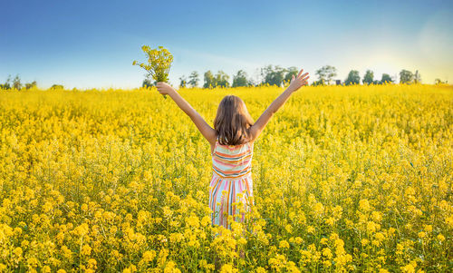 Scenic view of oilseed rape field against sky